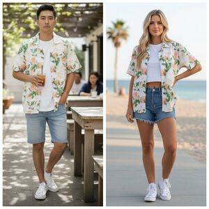 Alpine Design Peach Fruit Button Down Camp Shirt Mens M White Summer Novelty